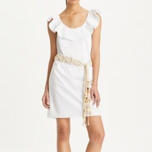 NWT Tory Burch White Cotton Flounce Dress Size 6 Macrame Beaded Belt Boho 70's